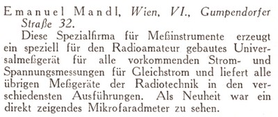 Emanuel Mandl im sterreichischen Radioamateur Oktober 1929 an der Adresse Gumpendorferstrae 32, Wien 6 gefhrt