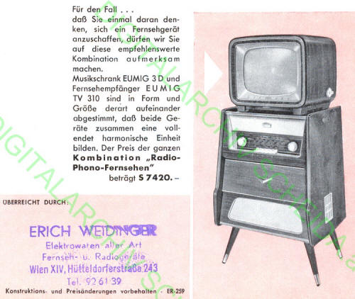 Die fr das moderne Wohnzimmer empfohlene EUMIG multimedia Ausstattung um 1959. EUMIG 3D Radio-Phono-Kombi und oben darauf der TV310. 