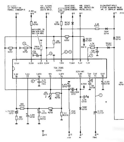 Der TDA2595 Horizontal IC beschaltet hier am Beispiel eines GRUNDIG super Color TV Moduls 