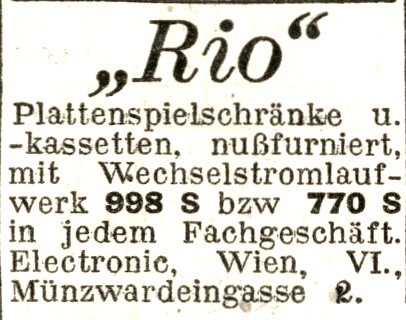 Werbung fr die RIO Plattenspielerschrnke aus der "Wiener Zeitung" von November 1950.