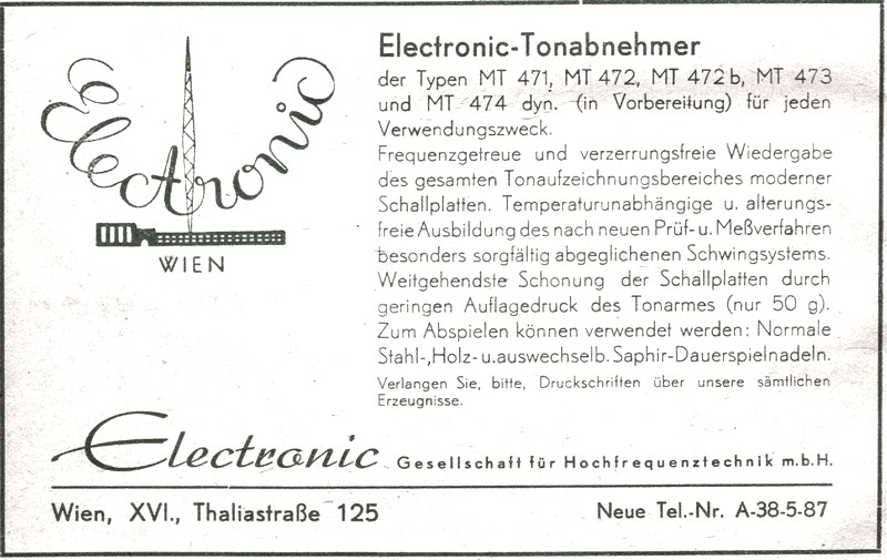 Werbung der lnger im Vertriebsprogramm verbliebenen Tonabnehmer aus st. Radioamateur vom Heft 1/1948. 