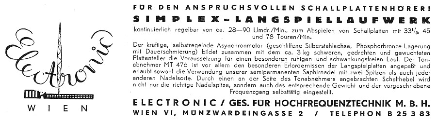 Werbung fr das Simplex Langspiellaufwerk und dem MT476 Tonabnehmer.