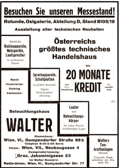 Radiohaus Walter Wien 1930 Werbung