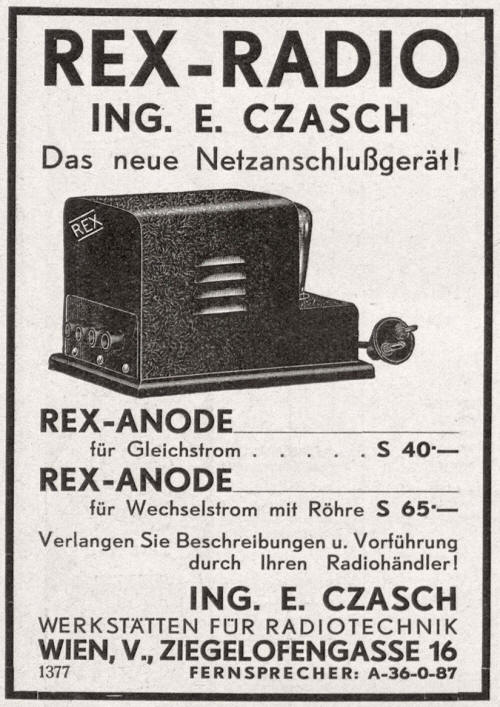 Werbeschaltung zu den REX Anoden von Ing. Czasch, Wien V aus 1931