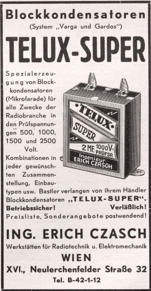 Werbung zu TELUX Super Blockkondensatoren, Ing. Czasch aus 1933 [10]