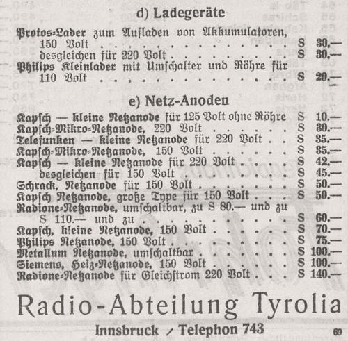 Radio Netzanoden und Ladegerte 1933