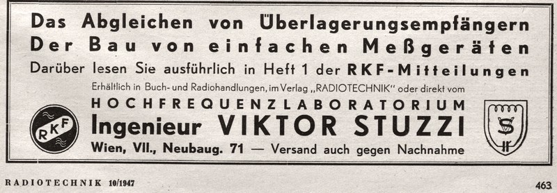 RKF Ing. Viktor Stuzzi 1947 Werbung