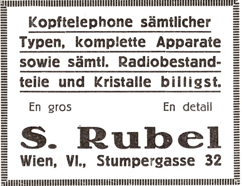 Von anbeginn dabei als es mir Radio in Wien los ging. Werbeschaltung aus der RADIOWELT 1924 Heft 32. Noch in der Stumpergasse 32.