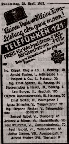 Inserat vom 28. April 1932 in der Illustrierte Kronen-Zeitung: