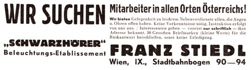 Mitarbeitersuche lt. st. Radio-Amateur vom September 1934. Hier sind erstmals alle Firmenbezeichnungen auf einem Blatt erkennbar.