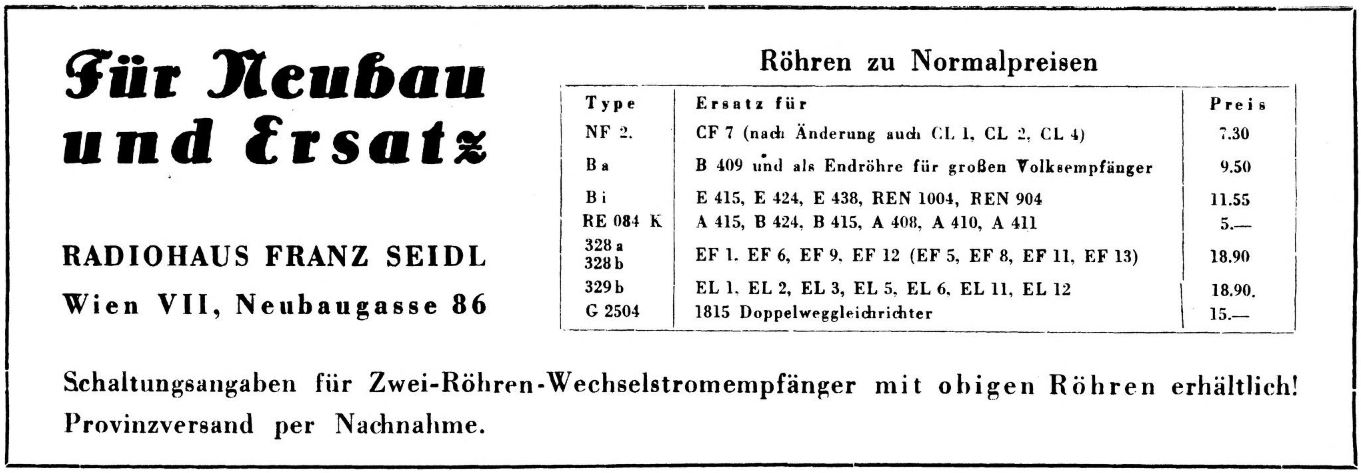 Radio Seidl Wien Rhrenangebote 1946