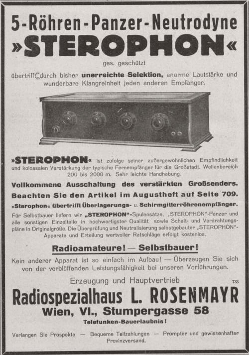 Rosenmayr Radio Sterophon 1928 Werbung