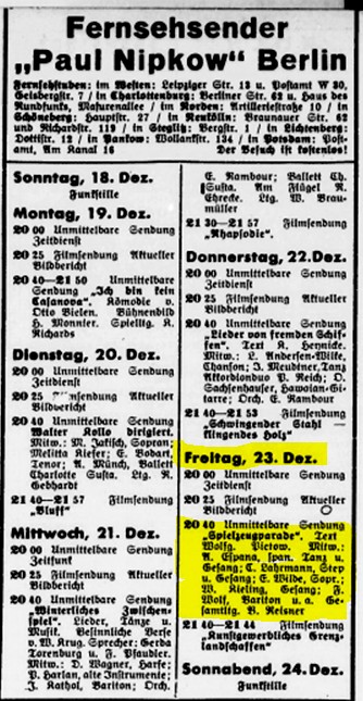 Fernsehsender Paul Nipkow Berlin Fernsehprogramm 1938